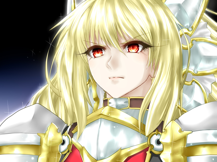 armor blonde_hair breastplate closed_mouth commentary_request eyebrows_visible_through_hair eyelashes frown highres minarai_tenna original pauldrons plate_armor red_eyes solo v-shaped_eyebrows