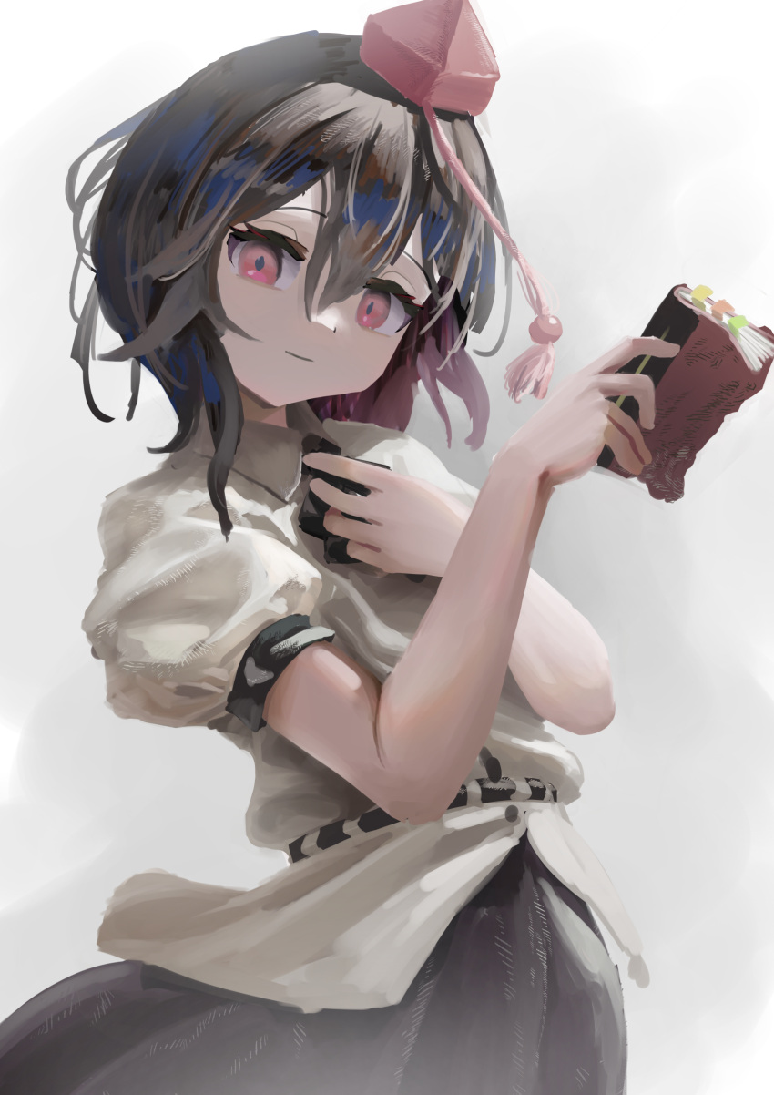 1girl absurdres black_skirt brown_hair closed_mouth collared_shirt commentary grey_background hat highres holding holding_notebook looking_at_viewer medium_hair notebook puffy_short_sleeves puffy_sleeves red_eyes red_hat shameimaru_aya shirt short_sleeves skirt solo tokin_hat touhou white_shirt yunickckck