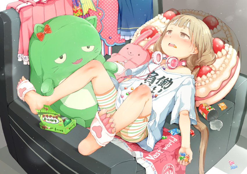 armchair bangs bare_shoulders brown_eyes candy candy_wrapper chair clothes_writing collarbone eyebrows_visible_through_hair food food_in_mouth futaba_anzu gomennasai headphones headphones_around_neck holding holding_food idolmaster idolmaster_cinderella_girls idolmaster_cinderella_girls_starlight_stage light_brown_hair long_hair low_twintails lying off_shoulder on_back open_mouth pina_korata polka_dot shirt short_shorts short_sleeves shorts soles solo striped striped_shorts stuffed_animal stuffed_bunny stuffed_cat stuffed_toy t-shirt twintails very_long_hair white_shirt you_work_you_lose