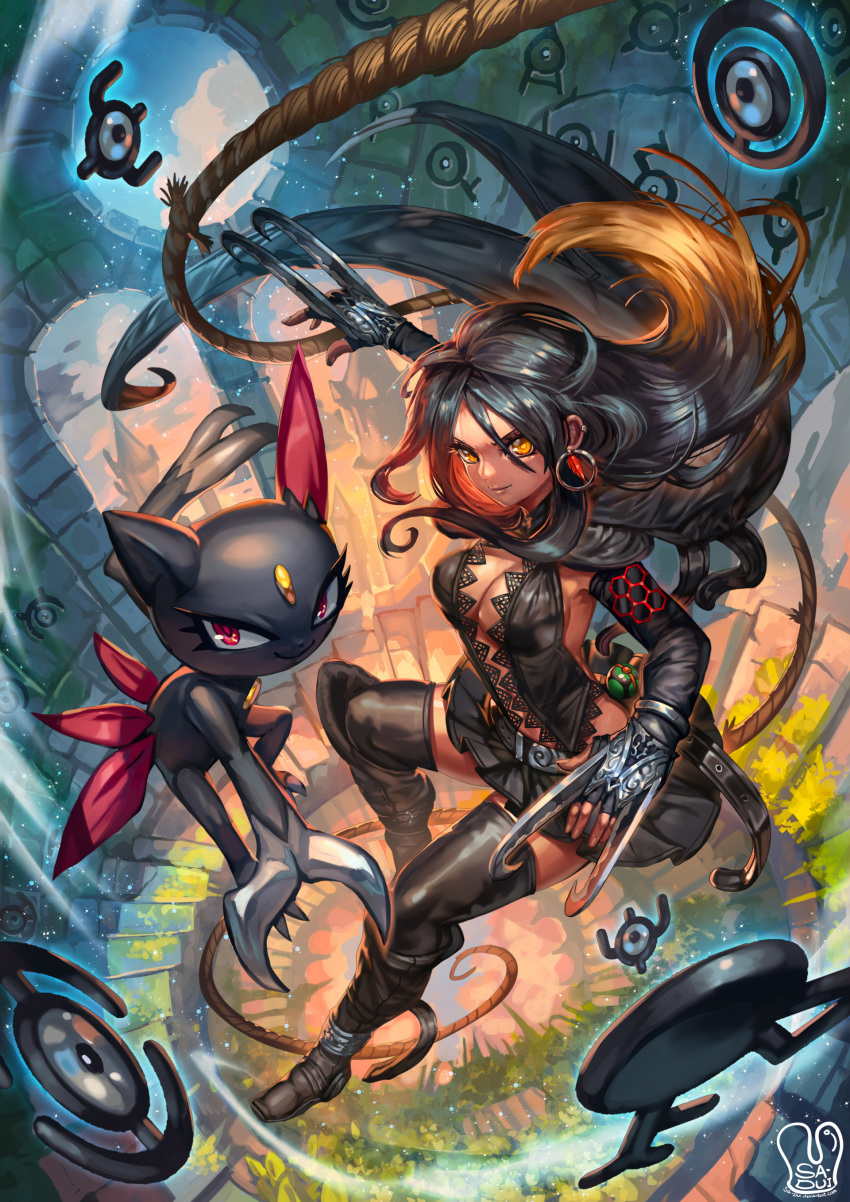 absurdres black_hair black_legwear black_skirt breasts claw_(weapon) commission earrings gen_2_pokemon highres hoop_earrings jewelry long_hair looking_at_viewer medium_breasts multicolored_hair original pleated_skirt pokemon pokemon_(creature) revealing_clothes rope ruins sa-dui signature skirt smile sneasel stairs thighhighs unown weapon yellow_eyes