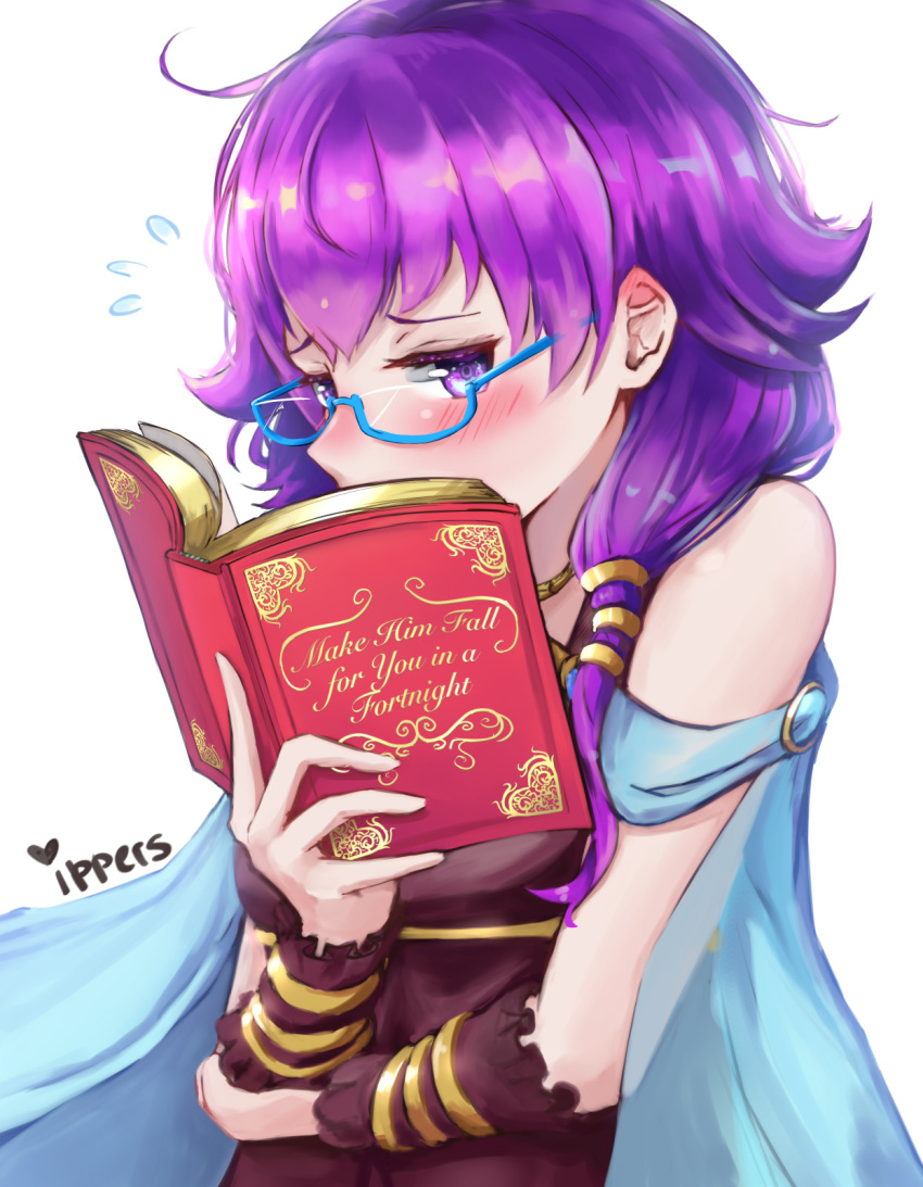 bare_shoulders bespectacled blush book book_focus cape commentary dress embarrassed fire_emblem fire_emblem:_seima_no_kouseki glasses gloves highres holding holding_book ippers lute_(fire_emblem) md5_mismatch open_book purple_eyes purple_hair reading short_hair solo twintails wrist_cuffs
