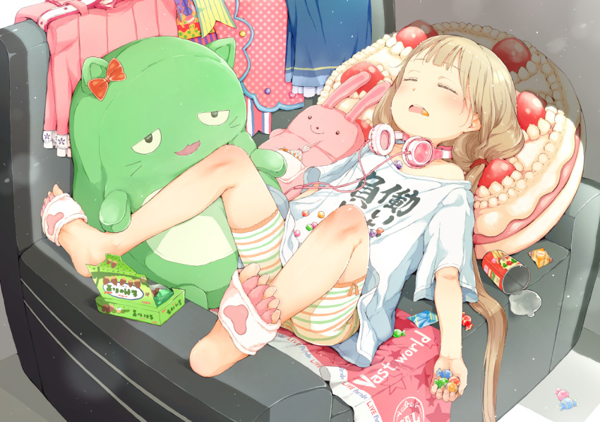 armchair bangs bare_shoulders candy candy_wrapper chair closed_eyes clothes_writing collarbone commentary_request eyebrows_visible_through_hair food food_in_mouth futaba_anzu gomennasai headphones headphones_around_neck holding holding_food idolmaster idolmaster_cinderella_girls idolmaster_cinderella_girls_starlight_stage light_brown_hair long_hair low_twintails lying off_shoulder on_back open_mouth pina_korata polka_dot shirt short_shorts short_sleeves shorts soles solo striped striped_shorts stuffed_animal stuffed_bunny stuffed_cat stuffed_toy t-shirt twintails very_long_hair white_shirt you_work_you_lose