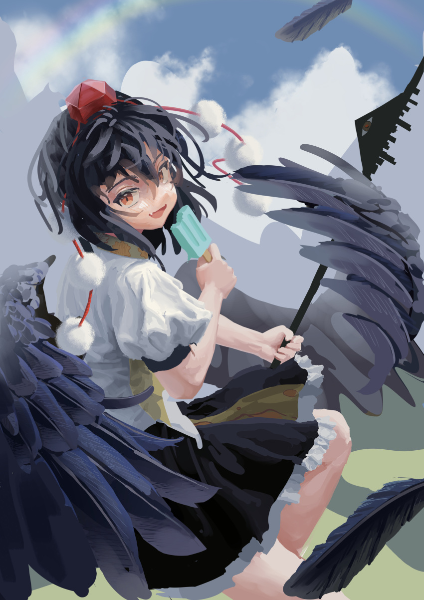 1girl absurdres bird_wings black_hair black_wings blue_sky cloud commentary day feathered_wings food fossilized_wonders frilled_skirt frills gohei hat highres holding holding_food holding_gohei holding_popsicle looking_at_viewer open_mouth orange_eyes outdoors pom_pom_(clothes) popsicle rainbow red_hat shameimaru_aya skirt sky smile solo tokin_hat touhou wings yunickckck