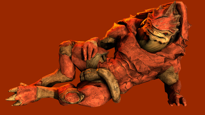 alien hadronighini humanoid krogan leaning male mass_effect muscular muscular_male not_furry penis pinup pose red_background red_scales scales simple_background solo thick_penis urdnot_wrex video_games