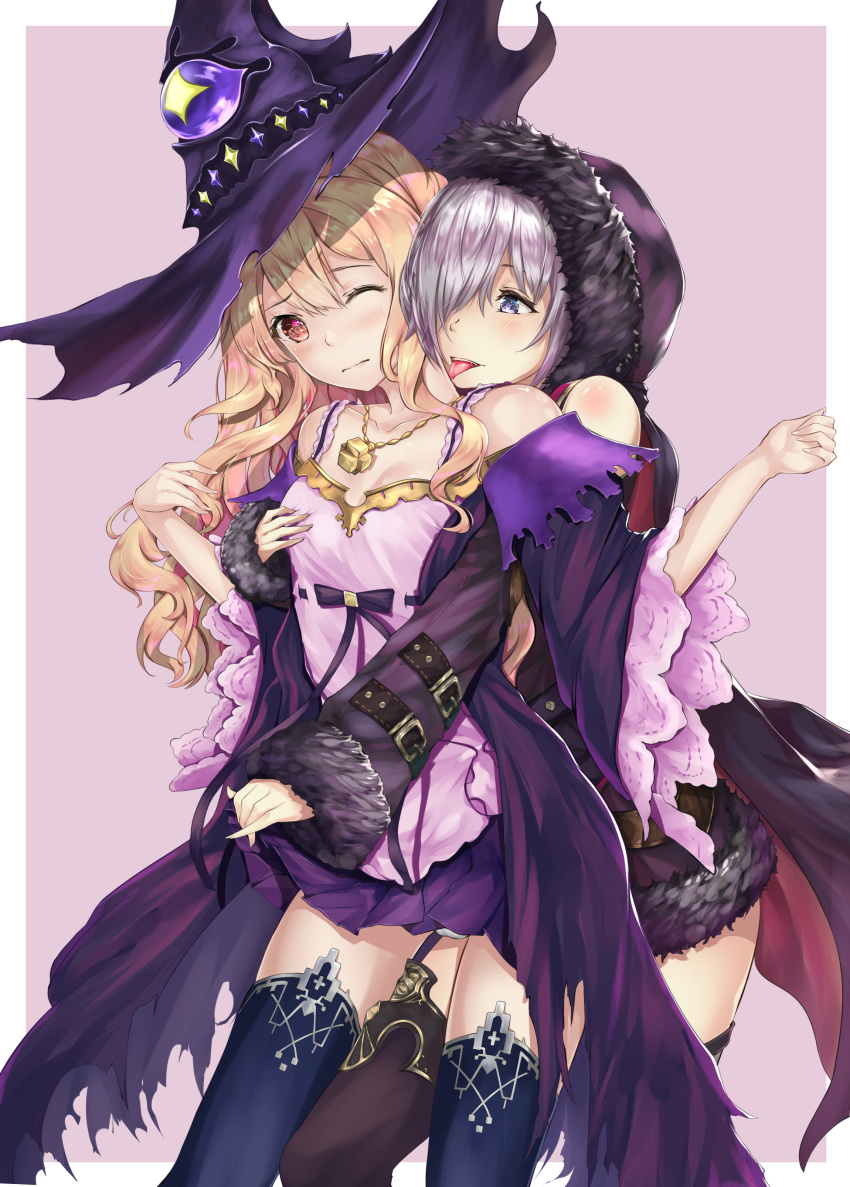 absurdres black_legwear blonde_hair blue_eyes blush brown_eyes cape dorothy_(shingeki_no_bahamut) groping hair_over_one_eye hand_up hat highres jewelry kasoke_no_tsubasa licking multiple_girls necklace purple_background shadowverse shingeki_no_bahamut silver_hair standing thighhighs wide_sleeves witch witch_hat wizardess_of_oz yuri