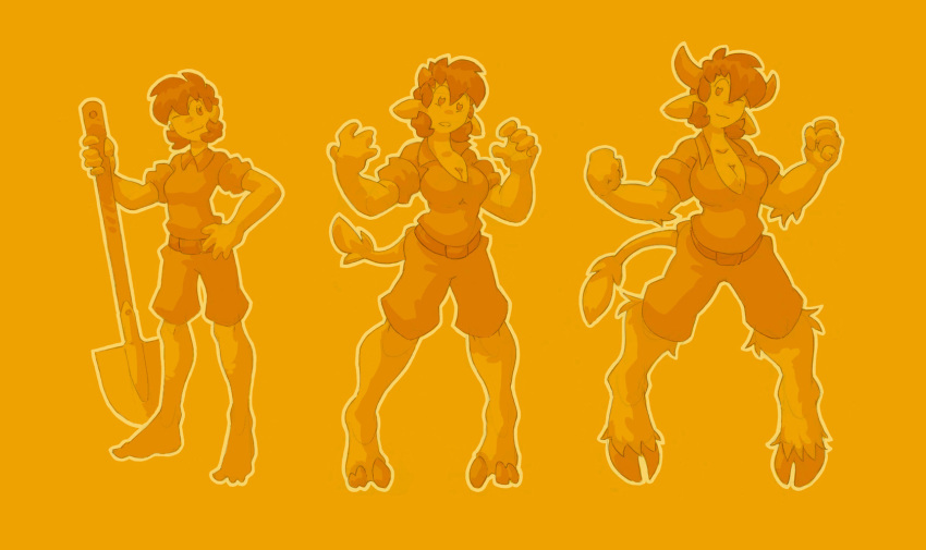 2016 animal_humanoid barefoot big_breasts bovine breast_expansion breasts clothing cow_humanoid female fist hair hooves horn hukeng human human_to_humanoid humanoid looking_at_viewer mammal monochrome one_eye_closed open_mouth orange_background pants sequence shirt short_hair shovel simple_background smile solo standing surprise tail_growth transformation