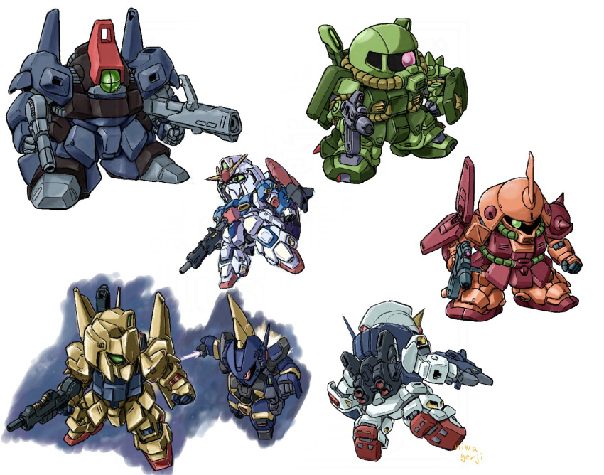 aeug barzam beam_rifle chibi chibi_only commentary_request dual_wielding energy_gun energy_sword flying green_eyes gun gundam gundam_mk_ii highres hizack holding holding_gun holding_sword holding_weapon horns hyaku_shiki marasai mecha mecha_focus mobile_suit moukin_punch no_humans one-eyed purple_eyes red_eyes rick_dias robot science_fiction sd_gundam shoulder_spikes signature simple_background single_horn spikes standing sword thrusters titans_(gundam) v-fin weapon white_background zeta_gundam zeta_gundam_(mobile_suit)