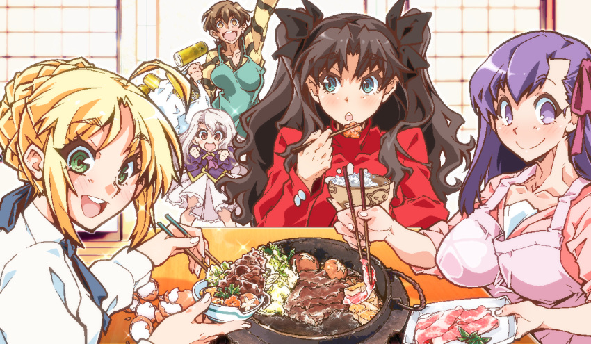 ahoge artoria_pendragon_(all) beef blonde_hair bowl braid breasts brown_hair can chopsticks commentary_request eating emiya-san_chi_no_kyou_no_gohan eyebrows_visible_through_hair fate/stay_night fate_(series) food french_braid fujimura_taiga green_eyes hair_ribbon illyasviel_von_einzbern large_breasts looking_at_viewer matou_sakura multiple_girls mushroom pot purple_eyes purple_hair red_eyes ribbon rice rice_bowl saber sitting smile table toosaka_rin turtleneck two_side_up type-moon usuiken white_hair yellow_eyes