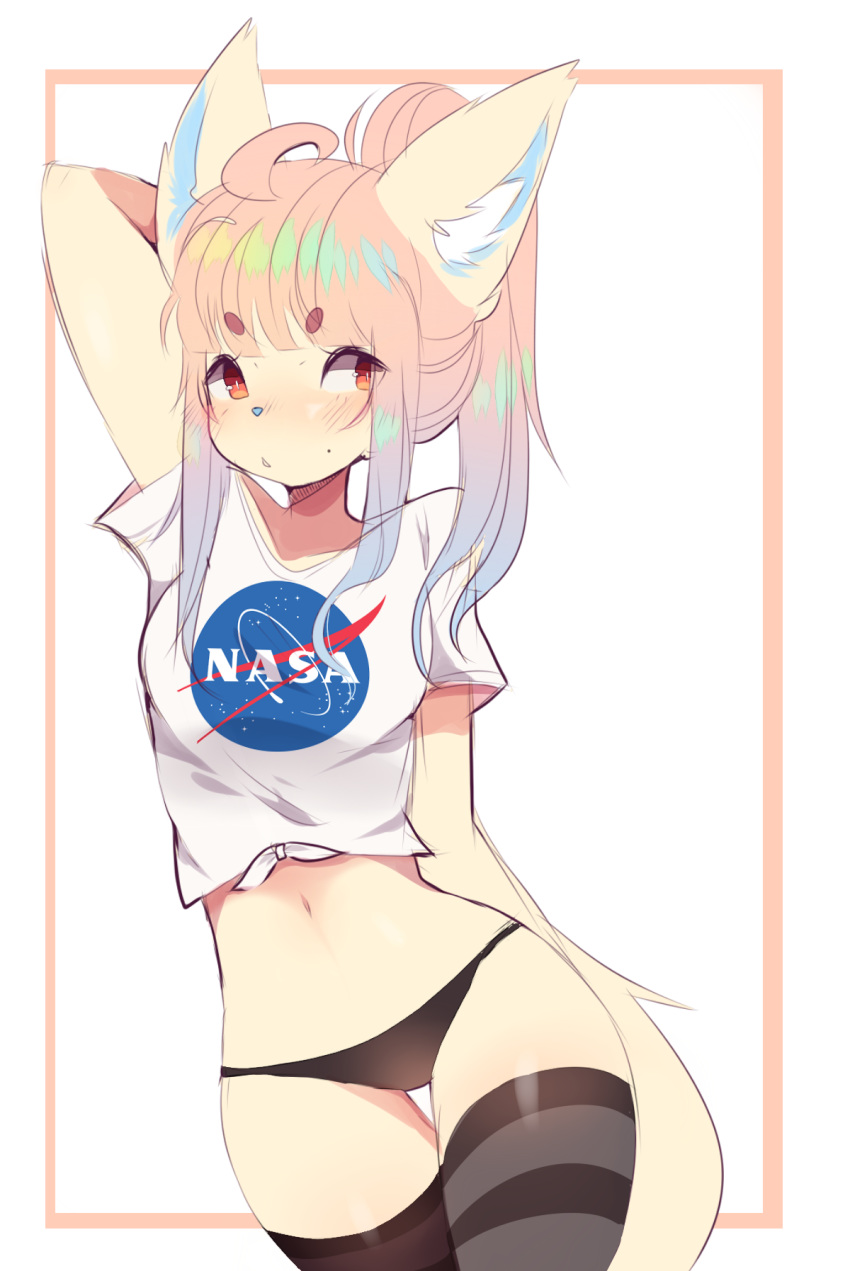 animal_humanoid blush canine clothing cyzarinefredek female fox fox_humanoid hair highlights humanoid legwear mammal nasa navel panties pink_hair red_eyes shirt simple_background smile solo thick_thighs thigh_gap thigh_highs underwear white_background wide_hips