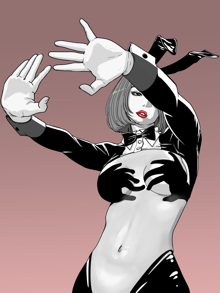 1girl absurdres animal_ears black_bow black_bowtie bob_cut bow bowtie breasts brown_background commentary_request fake_animal_ears hand_shadow_covering_breasts_(meme) highres lipstick makeup medium_breasts meme navel original parted_lips reverse_bunnysuit reverse_outfit sakamoto_giulietta simple_background traditional_bowtie wrist_cuffs