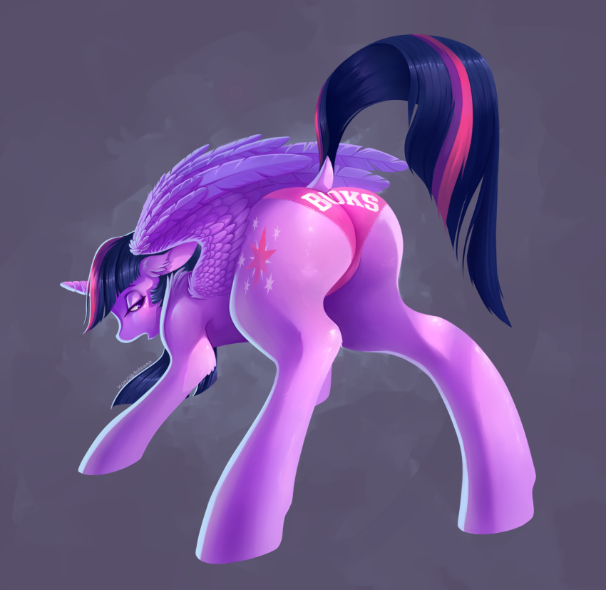 ass_up butt camel_toe clothed clothing cutie_mark equine female feral friendship_is_magic half-closed_eyes hi_res horn looking_back mammal my_little_pony presenting presenting_hindquarters rear_view signature solo twilight_sparkle_(mlp) underwear winged_unicorn wings xoxobellatrixxx