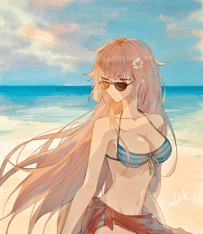 alternate_costume arms_at_sides bangs beach bikini blue_sky breasts cleavage closed_mouth cloud collarbone day expressionless eyebrows_visible_through_hair floating_hair flower front-tie_bikini front-tie_top girls_frontline groin hair_flower hair_ornament highres long_hair looking_away medium_breasts navel ntw-20_(girls_frontline) ocean outdoors pink_eyes pink_hair q_rabbit red_sarong sand sarong sidelocks signature sky solo stomach striped striped_bikini sunglasses swimsuit very_long_hair wind