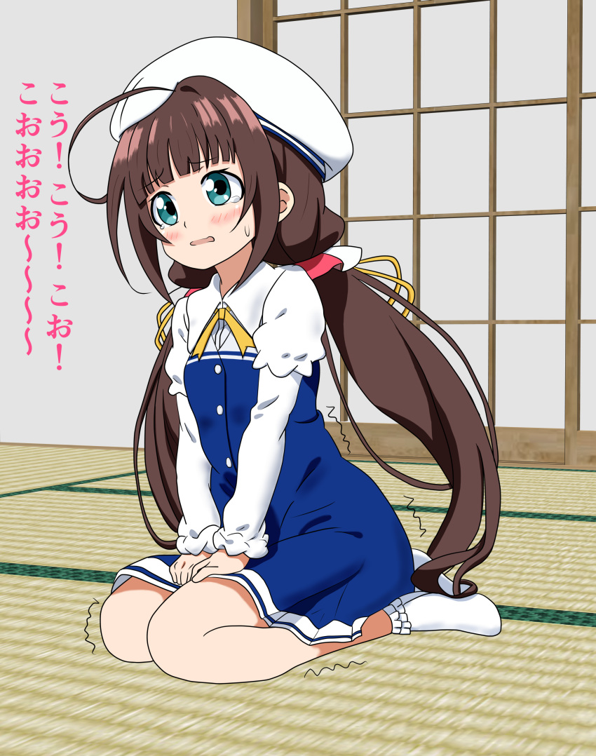 1girl absurdres ahoge aqua_eyes beret blue_dress blush brown_hair dress embarrassed eyebrows_visible_through_hair female full_body hands_together hat have_to_pee highres hinatsuru_ai indoors long_hair long_sleeves open_mouth ryuuou_no_oshigoto! seiza short_over_long_sleeves sitting socks solo sweat talking tears text tied_hair translation_request trembling tsuki_(tensi945) twintails v_arms white_hat white_legwear