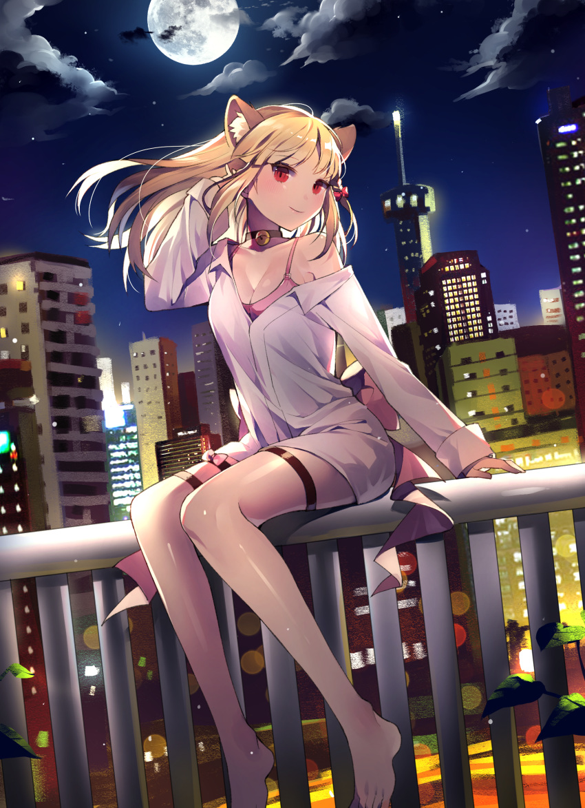 absurdres animal_ears arm_support azit_(down) bare_shoulders bell bell_choker black_choker blonde_hair blush bow breasts building cat_ears choker city cleavage closed_mouth cloud commentary_request commission full_moon hair_bow highres jingle_bell korean_commentary long_hair long_sleeves medium_breasts moon night night_sky no_shoes off_shoulder original pink_bow railing red_bow red_eyes sheer_legwear shirt sitting sky skyscraper sleeves_past_wrists smile star_(sky) starry_sky thigh_strap thighhighs white_legwear white_shirt