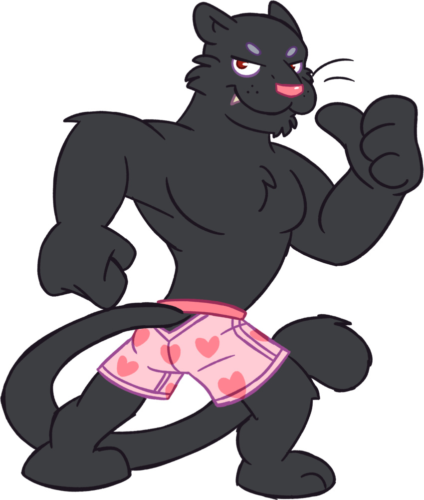 anthro barefoot black_panther boxers_(clothing) clothed clothing feline goronic heart_boxers mammal panther pink_underwear solo topless underwear