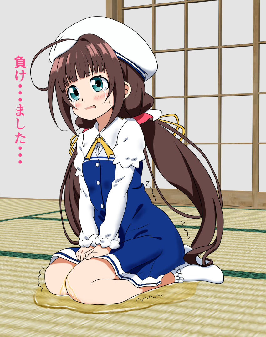 1girl absurdres ahoge aqua_eyes beret blue_dress blush brown_hair crying dress embarrassed eyebrows_visible_through_hair female full_body hands_together hat have_to_pee highres hinatsuru_ai indoors long_hair long_sleeves open_mouth peeing peeing_self puddle ryuuou_no_oshigoto! seiza short_over_long_sleeves sitting socks solo sweat talking tears text tied_hair translation_request trembling tsuki_(tensi945) twintails v_arms white_hat white_legwear