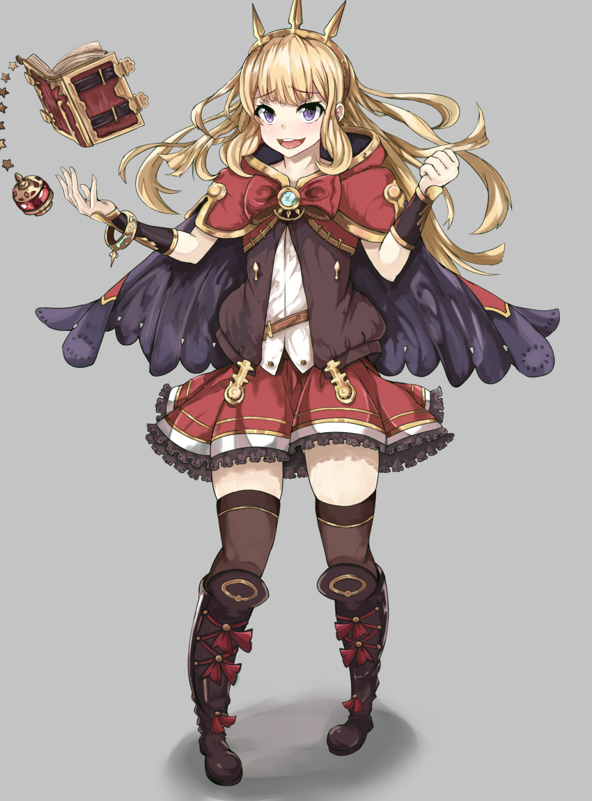 :d black_legwear blonde_hair book boots bracelet bracer brown_legwear cagliostro_(granblue_fantasy) cape commentary_request crown floating frilled_skirt frills full_body granblue_fantasy hairband highres jewelry knee_boots koenza_botoke levitation long_hair open_mouth purple_eyes round_teeth skirt smile solo teeth thighhighs zettai_ryouiki