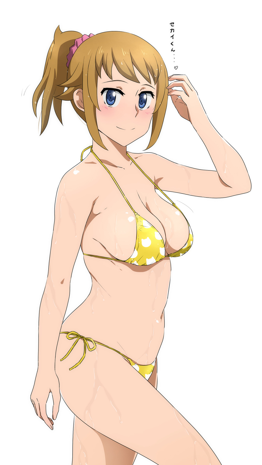 absurdres bikini blue_eyes blush breasts brown_hair cleavage collarbone cowboy_shot from_side gundam gundam_build_fighters gundam_build_fighters_try hair_ornament hair_scrunchie high_ponytail highres hoshino_fumina large_breasts looking_at_viewer navel pink_scrunchie plump print_bikini scrunchie side-tie_bikini sideboob sidelocks simple_background smile solo standing swimsuit tonotyama translation_request wet white_background yellow_bikini