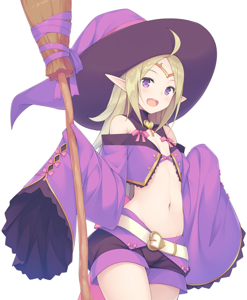 :d ahoge bangs bare_shoulders belt belt_buckle blonde_hair blush bow bra bra_peek breasts brooch broom broom_ribbon buckle buttons circlet commentary_request cowboy_shot crop_top eyebrows_visible_through_hair fire_emblem fire_emblem:_kakusei fire_emblem_heroes halloween_costume hands_up hat heart heart_buckle highres holding holding_broom ihara_asta jewelry long_hair long_sleeves looking_at_viewer mamkute navel no_bra nono_(fire_emblem) off_shoulder open_mouth parted_bangs pink_bow pointy_ears purple_bra purple_eyes purple_hat purple_ribbon purple_shorts revealing_clothes ribbon round_teeth shiny shiny_hair short_shorts shorts sidelocks simple_background sleeves_past_fingers sleeves_past_wrists small_breasts smile solo standing stomach tareme teeth thighs underwear w_arms white_background white_belt wide_sleeves witch witch_hat