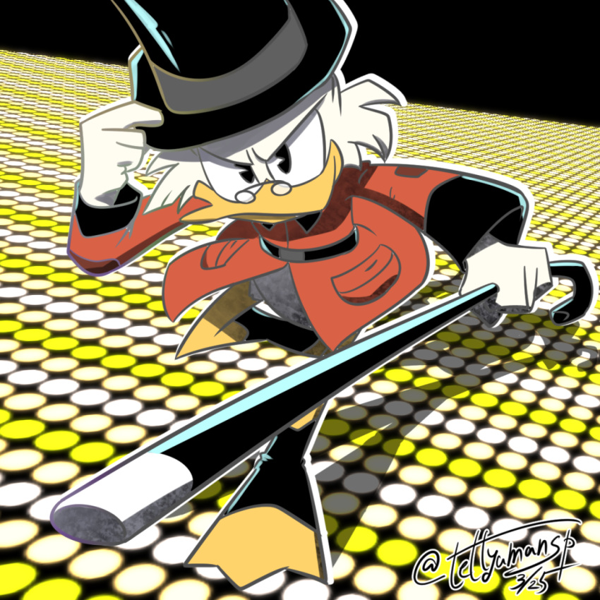 2018 4_fingers anthro avian beak bird cane clothed clothing determined digital_drawing_(artwork) digital_media_(artwork) disney duck ducktales ducktales_(2017) eyewear feathers glasses hat looking_at_viewer outline scrooge_mcduck signature simple_background smile solo tettyamansp top_hat white_feathers yellow_beak