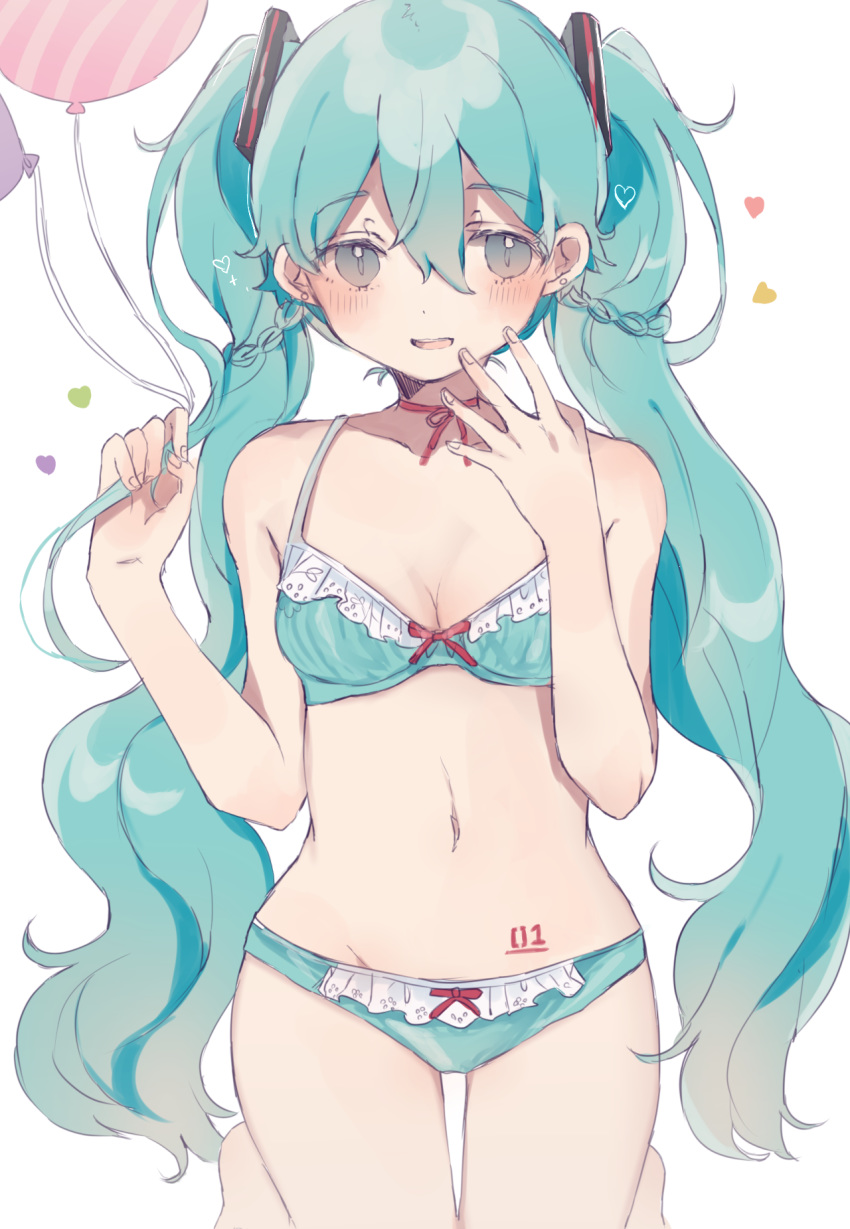 aqua_bra aqua_hair aqua_panties balloon bangs bare_arms bare_shoulders barefoot blush bra braid breasts cleavage collarbone frilled_bra frilled_panties frills groin hair_between_eyes hair_ornament hands_up hatsune_miku heart heremia highres holding holding_balloon kneeling long_hair looking_at_viewer navel neck_ribbon number_tattoo panties red_neckwear red_ribbon ribbon shiny shiny_hair simple_background small_breasts smile solo stomach tareme tattoo thigh_gap underwear underwear_only very_long_hair vocaloid white_background