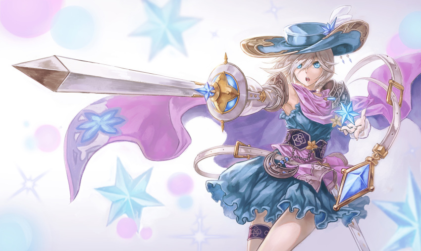 a-er_(akkij0358) anastasia_(idolmaster) armpits asymmetrical_gloves blue_dress blue_eyes blue_hat dress elbow_gloves floating_hair gloves granblue_fantasy hair_between_eyes hat hat_ornament holding holding_sword holding_weapon idolmaster idolmaster_cinderella_girls open_mouth pink_capelet rapier short_dress short_hair shoulder_armor silver_hair sleeveless sleeveless_dress solo spaulders sword thigh_strap weapon white_gloves