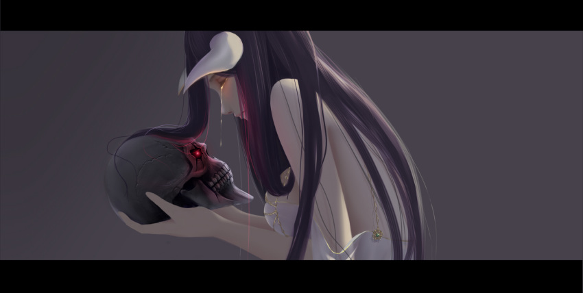 ainz_ooal_gown albedo back bangs bare_arms bare_shoulders black_hair breasts closed_eyes closed_mouth commentary_request crack crying demon_girl demon_horns dress from_side glowing glowing_eyes grey_background hair_between_eyes holding holding_skull horns large_breasts leaning_forward letterboxed long_hair looking_down meinvxb963 off_shoulder overlord_(maruyama) profile sad sideboob simple_background skeleton skull sleeveless sleeveless_dress spaghetti_strap straight_hair tears teeth upper_body white_dress