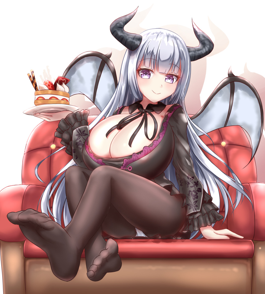 1girl absurdres breasts cake cleavage commission couch demon_girl demon_wings dress feet female food full_body horns huge_breasts indoors legs lili_(tekken) long_hair looking_at_viewer lotpe miniskirt panties pantyhose purple_eyes rommeling silver_hair sitting skirt smile soles solo succubus tekken white_panties wings