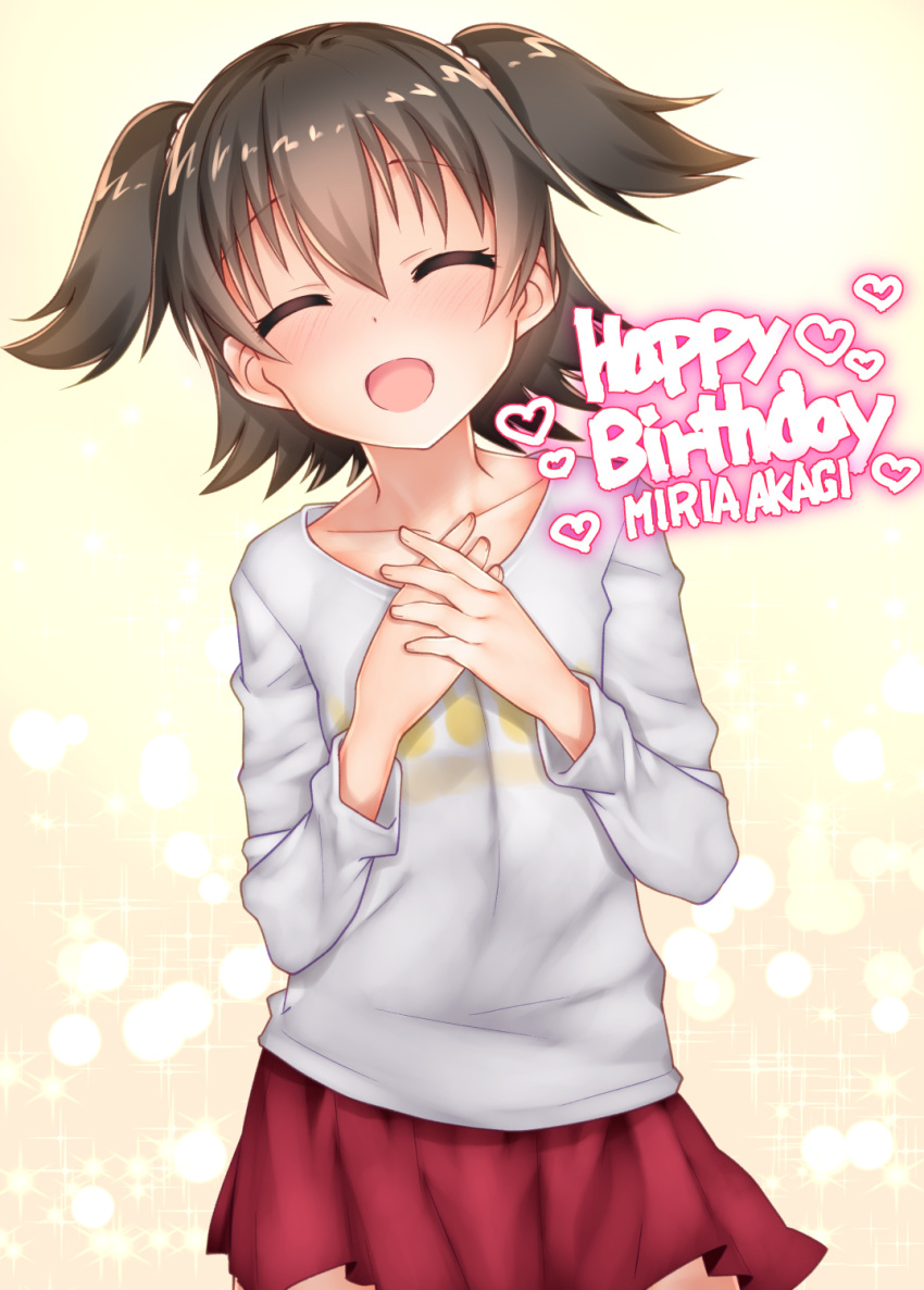 :d ^_^ akagi_miria blush brown_hair character_name closed_eyes commentary cowboy_shot english facing_viewer hair_between_eyes hands_together happy happy_birthday heart highres idolmaster idolmaster_cinderella_girls okina_ika open_mouth red_skirt shirt short_hair skirt smile solo two_side_up white_shirt