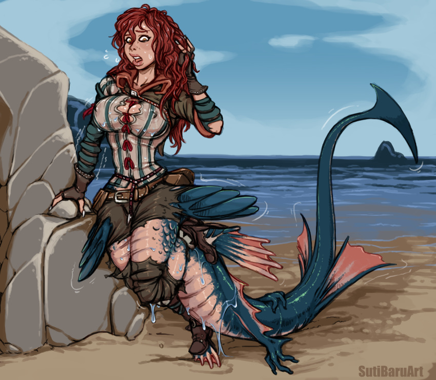 2017 animal_humanoid beach big_breasts blush breast_expansion breasts clothing detailed_background female hair humanoid long_hair multi_leg multi_limb nipple_bulge open_mouth red_hair seaside shirt siren solo surprise sutibaru torn_clothing transformation triss_merigold wet