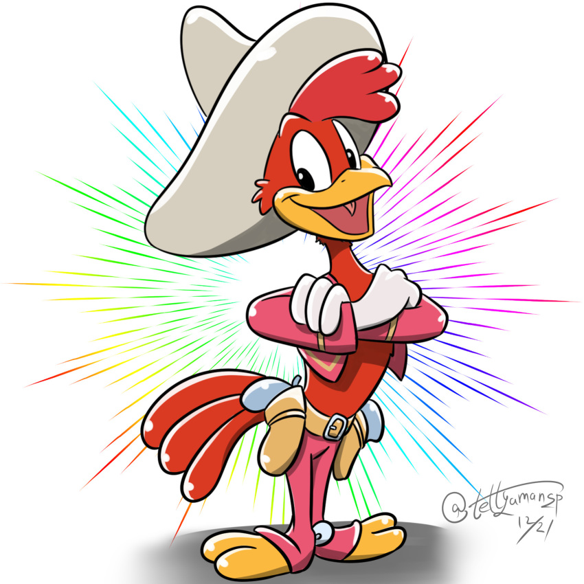 2017 2_toes anthro avian beak bird chicken clothed clothing crossed_arms digital_drawing_(artwork) digital_media_(artwork) disney feathers gun handgun hat hi_res holster looking_at_viewer male open_mouth open_smile panchito_pistoles pistol ranged_weapon red_feathers signature simple_background smile solo sombrero standing tail_feathers tettyamansp the_three_caballeros toes weapon white_background white_gloves yellow_beak