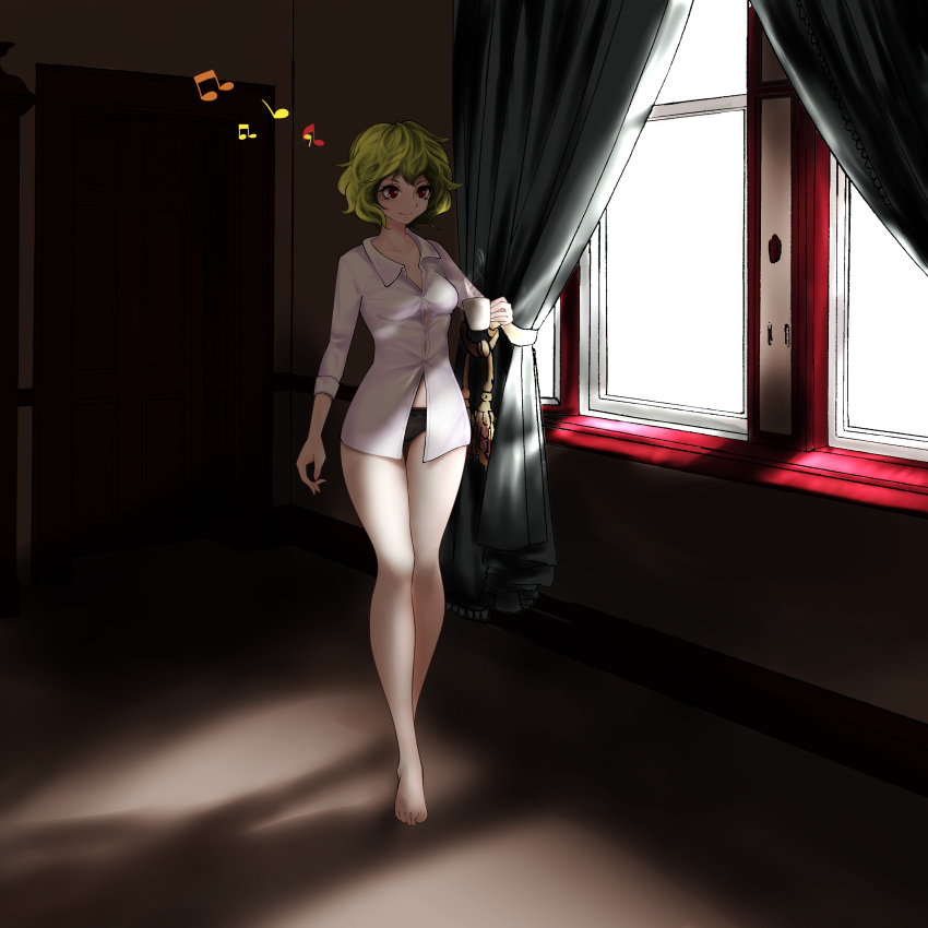absurdres bare_legs barefoot beamed_eighth_notes black_panties breasts closed_mouth collarbone collared_shirt commentary_request cup curtains door eighth_note eyelashes floor full_body green_hair highres holding holding_cup humming indoors inoshin_(inixia1748) kazami_yuuka medium_breasts morning mug musical_note no_pants panties quarter_note red_eyes shadow shirt short_hair sleeves_rolled_up smile solo steam touhou underwear walking wall white_shirt window