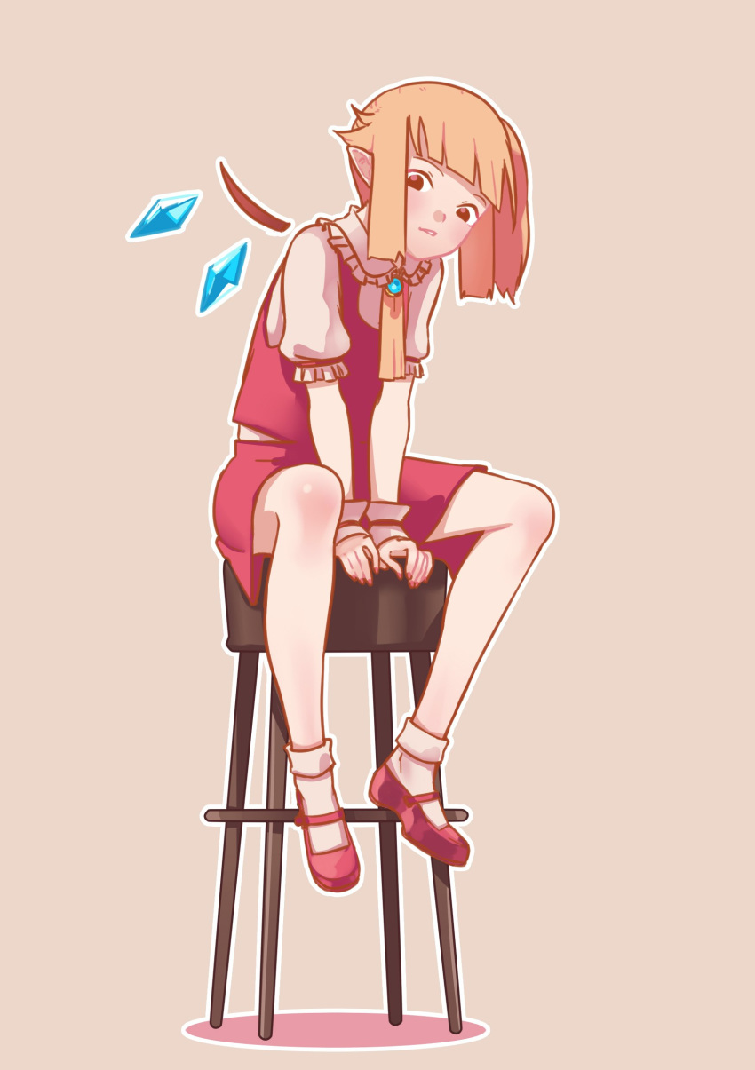 absurdres ascot bangs blonde_hair blunt_bangs brown_eyes commentary crystal flandre_scarlet full_body highres light_brown_background looking_at_viewer mary_janes pointy_ears red_footwear shoes short_sleeves side_ponytail simple_background sitting socks stool touhou white_legwear wings wrist_cuffs yellow_neckwear yoruny