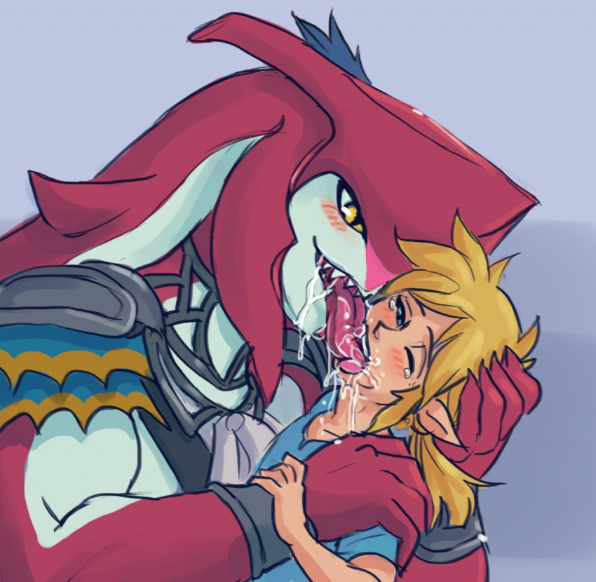 anthro big_dom_small_sub blush breath_of_the_wild close-up clothed clothing drooling french_kissing hair human human_on_anthro humanoid hylian interspecies kissing link male male/male mammal manly marine muscular nintendo nude one_eye_closed open_mouth saliva sharp_teeth shirt sidon_(zelda) size_difference slit_pupils smile tears teeth the_legend_of_zelda tongue tongue_out ungulatr video_games yellow_eyes zora