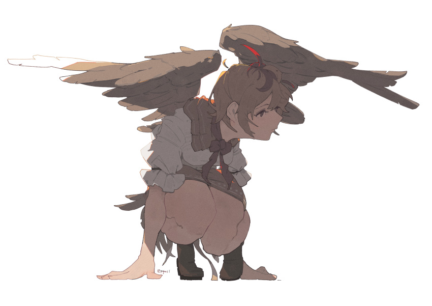 1girl 4qw5 absurdres animal_on_head arm_support bird bird_girl bird_on_head bird_wings brown_hair brown_skirt closed_mouth collared_shirt commentary_request expressionless film_grain full_body hands_on_ground highres looking_to_the_side multicolored_hair necktie niwatari_kutaka on_head puffy_short_sleeves puffy_sleeves red_necktie red_streaks shade shirt shoes short_hair short_sleeves simple_background skirt solo squatting streaked_hair tiptoes touhou two-tone_hair white_background white_shirt wings