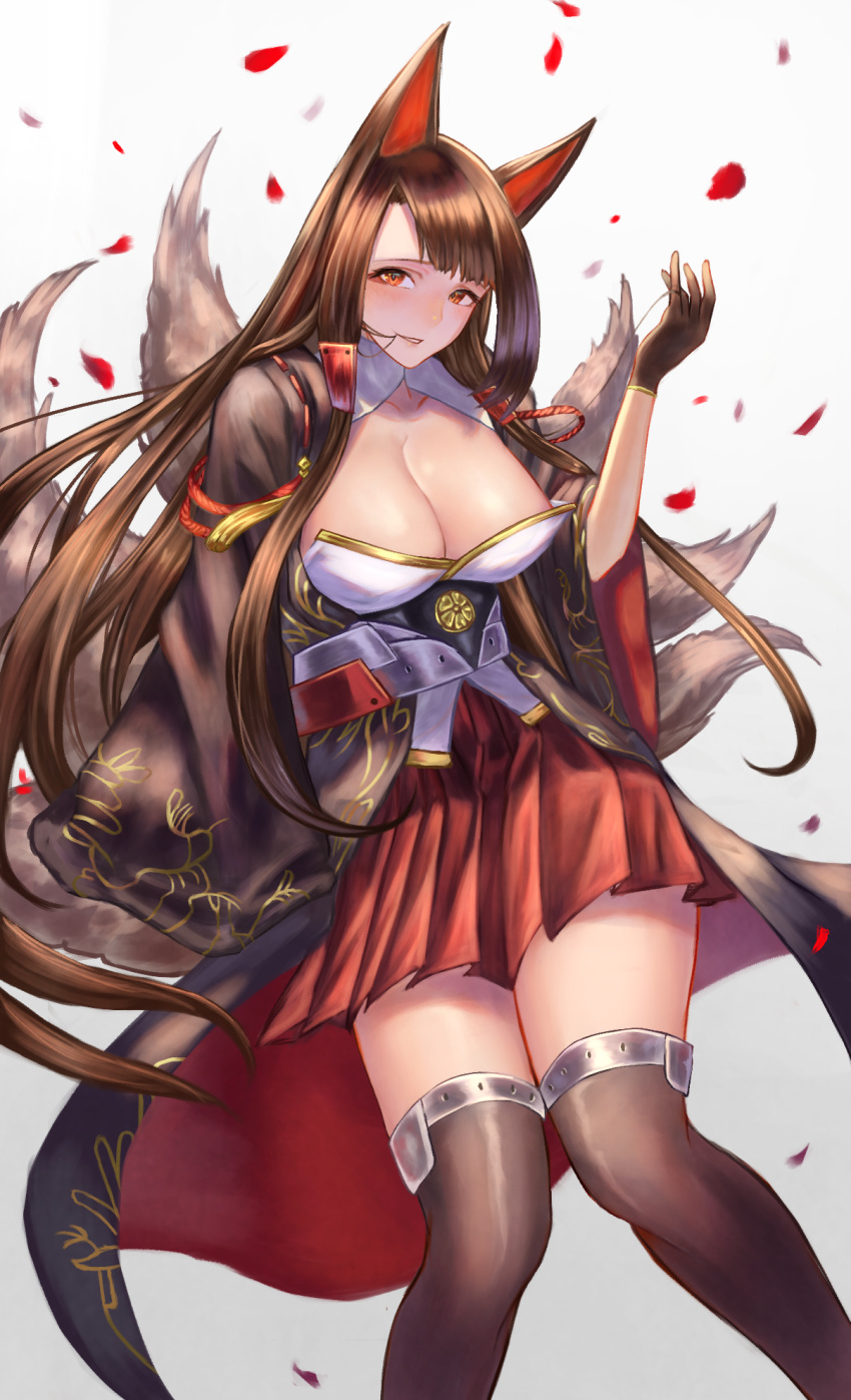 aiguillette akagi_(azur_lane) animal_ears azur_lane bangs blush breasts brown_hair brown_legwear cleavage collarbone commentary_request cowboy_shot eyeshadow floating_hair fox_ears fox_tail gloves gradient gradient_background hair_in_mouth hair_ornament half-closed_eyes hand_up hayataku1234 head_tilt highres japanese_clothes large_breasts long_hair looking_at_viewer makeup multiple_tails parted_lips partly_fingerless_gloves petals pleated_skirt red_eyes red_skirt rigging sidelocks simple_background skirt sleeves_past_wrists smile solo tail tassel thighhighs thighs wide_sleeves wind wind_lift