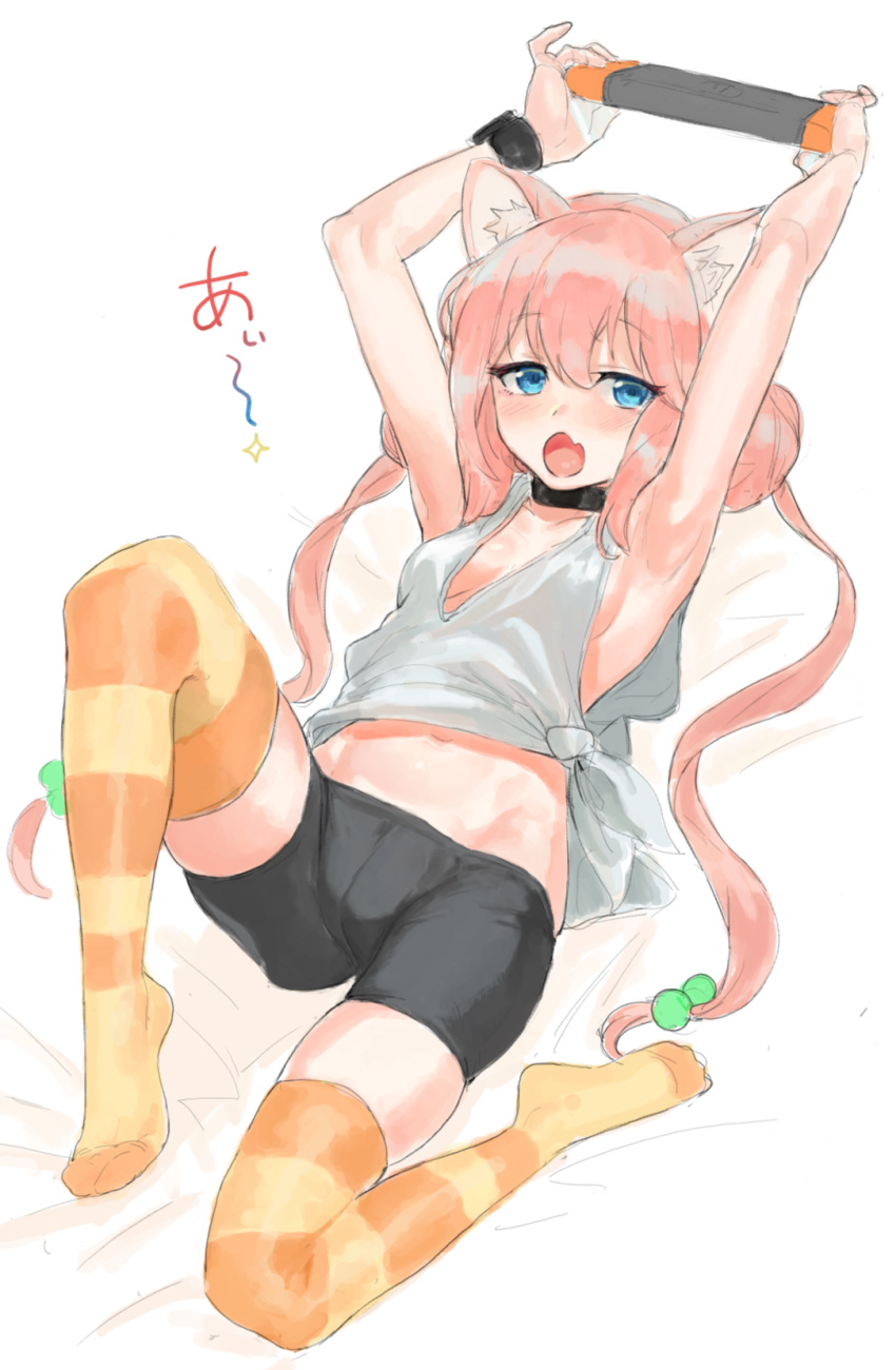 animal_ear_fluff animal_ears armpits bike_shorts blue_eyes blush breasts cat_ears cat_tail crotch_seam eyebrows_visible_through_hair fang hair_bobbles hair_ornament hands_up highres hinata_channel long_hair looking_at_viewer loose_clothes loose_shirt low-tied_long_hair low_twintails lying navel nekomiya_hinata nintendo_switch no_bra no_shoes open_mouth orange_legwear pink_hair shirt simple_background small_breasts solo striped striped_legwear suisogenshi tail thighhighs twintails very_long_hair virtual_youtuber white_background white_shirt wristband