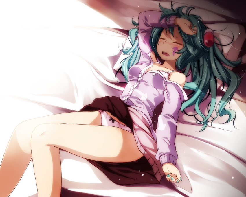 aqua_hair aqua_nails arm_at_side arm_up bad_id bad_pixiv_id bare_legs bare_shoulders bed_sheet blush bow bow_panties bra breasts buttons cleavage closed_eyes day eyebrows_visible_through_hair facial_mark feet_out_of_frame hair_ornament hand_on_forehead hatsune_miku highres jacket knees_up long_hair long_sleeves lying medium_breasts messy_hair miniskirt nail_polish nose_blush off_shoulder on_back on_bed open_mouth panties pantyshot pantyshot_(lying) pillow pink_jacket pink_panties pink_skirt project_diva_(series) skirt sleeping slow_motion_(vocaloid) solo sunlight thighs tsukishiro_saika twintails underwear upskirt vocaloid white_bra