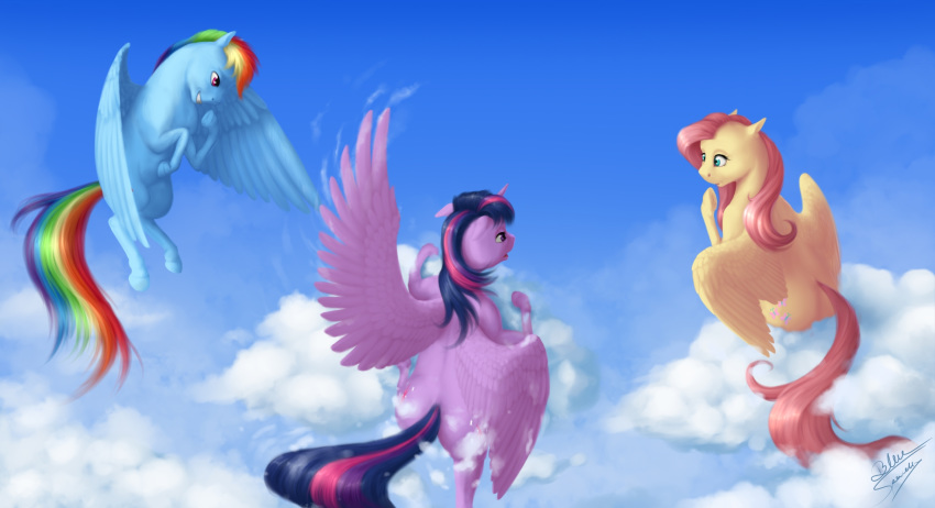 2018 blue_eyes blue_feathers bluespaceling cutie_mark detailed_background digital_media_(artwork) equine feathered_wings feathers female feral fluttershy_(mlp) friendship_is_magic group hair horn mammal multicolored_hair my_little_pony pegasus pink_hair purple_feathers purple_hair rainbow_dash_(mlp) rainbow_hair twilight_sparkle_(mlp) winged_unicorn wings yellow_feathers