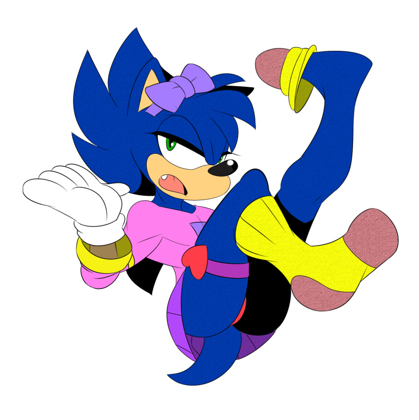 &lt;3 annoyed black_nose blue_fur bottomless bow_tie bulge clothed clothing crossdressing fangs fur girly hedgehog legwear looking_at_viewer male mammal muscular open_maw panties pantygremlin ponytail short_tail socks solo sonic_(series) sonic_the_hedgehog teasing teeth thick_thighs tongue underwear