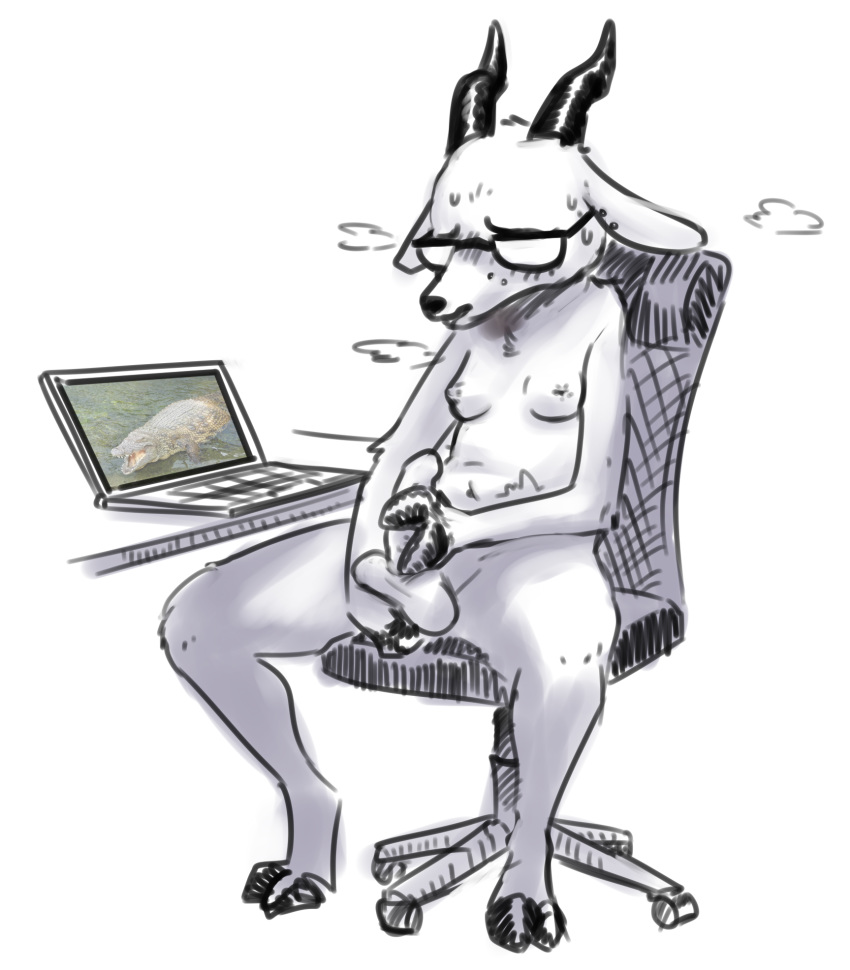 anthro balls caprine chair computer crocodile crocodilian dickgirl eyewear fingering fur glasses goat hooves horn intersex jackie_(nitw) mammal masturbation night_in_the_woods nipples nobby_(artist) nude penis piercing reptile scalie sweat video_games