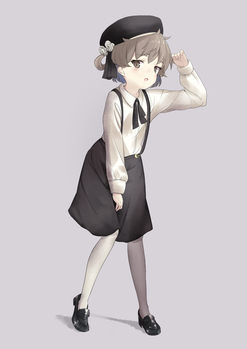 :o absurdres bangs beret black_footwear black_hat black_ribbon black_skirt brown_eyes brown_hair censored collared_shirt commentary_request eyebrows_visible_through_hair fang flower grey_background hair_flower hair_ornament hair_rings hat hatoba_tsugu hatoba_tsugu_(character) highres loafers long_sleeves odeclea open_mouth pantyhose ribbon rose shirt shoes skirt solo standing suspender_skirt suspenders virtual_youtuber white_flower white_legwear white_rose white_shirt