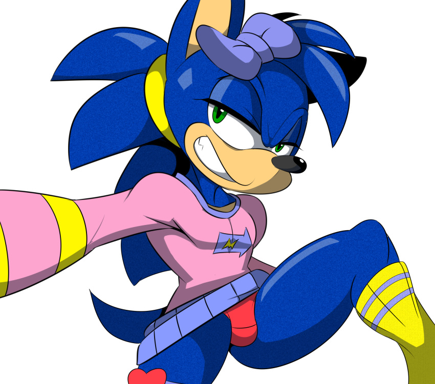 &lt;3 black_nose blue_fur bottomless bow_tie bulge clothed clothing crossdressing fur girly grin hedgehog legwear looking_at_viewer male mammal muscular panties pantygremlin ponytail smile socks solo sonic_(series) sonic_the_hedgehog teasing teeth thick_thighs underwear