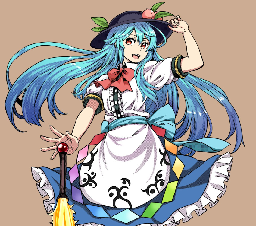 apron black_hat blue_hair blue_skirt bow bowtie brown_background cowboy_shot food fruit hat highres hinanawi_tenshi long_hair natsushiro open_mouth peach rainbow_order red_bow red_eyes red_neckwear shirt short_sleeves simple_background skirt solo sword_of_hisou touhou waist_apron white_shirt