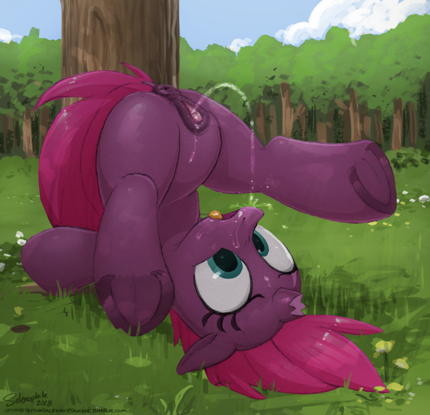 2018 absurd_res anatomically_correct anatomically_correct_pussy anus broken_horn equine eyelashes female feral fizzlepop_berrytwist_(mlp) hair hi_res hooves horn mammal my_little_pony my_little_pony_the_movie open_mouth outside pussy selenophile solo tempest_shadow_(mlp) tongue tree underhoof unicorn urine watersports