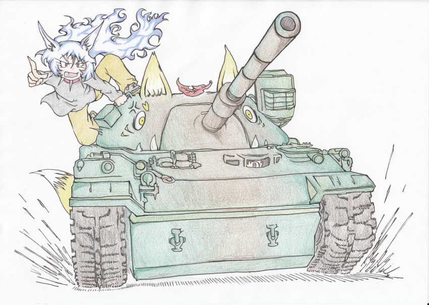 absurdres anger_vein animal_ears blue_hair commentary_request dog_child_(doitsuken) dog_ears doitsuken fang floating_hair fox_ears fox_tail grey_footwear grey_shirt ground_vehicle highres leaf leaf_on_head long_hair military military_vehicle motor_vehicle open_mouth original pants red_eyes scan shirt shoes slit_pupils tail tank traditional_media transformation type_74 v-shaped_eyebrows very_long_hair yellow_pants
