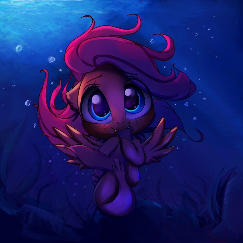 2018 absurd_res bubble digital_media_(artwork) fangs female fluttershy_(mlp) freckles friendship_is_magic hair hi_res looking_at_viewer miokomata my_little_pony sea_pony smile solo underwater water wings