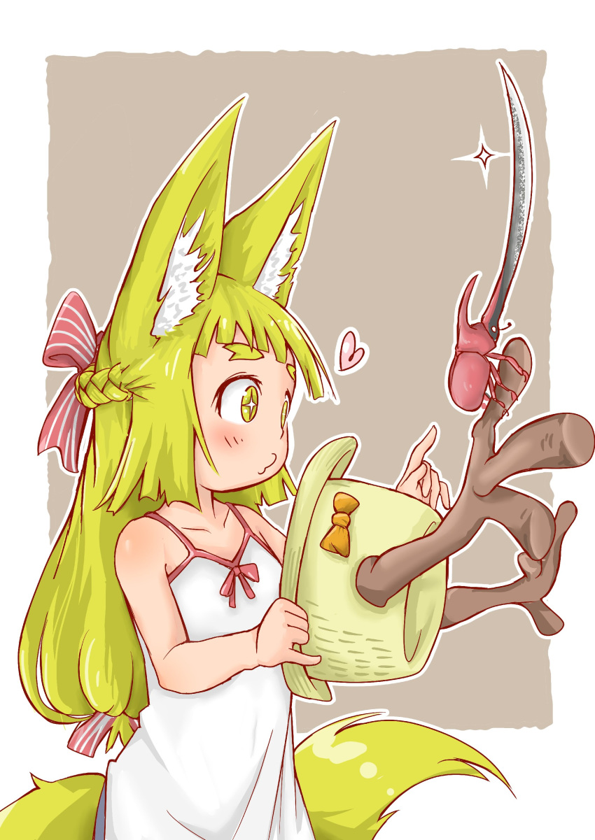 :3 absurdres animal_ears antlers bare_arms bare_shoulders beetle blade blonde_hair bow braid bug commentary_request doitsuken dress fox_child_(doitsuken) fox_ears fox_tail french_braid grey_background heart highres insect long_hair low-tied_long_hair orange_bow original rhinoceros_beetle simple_background solo sparkle tail white_dress yellow_eyes