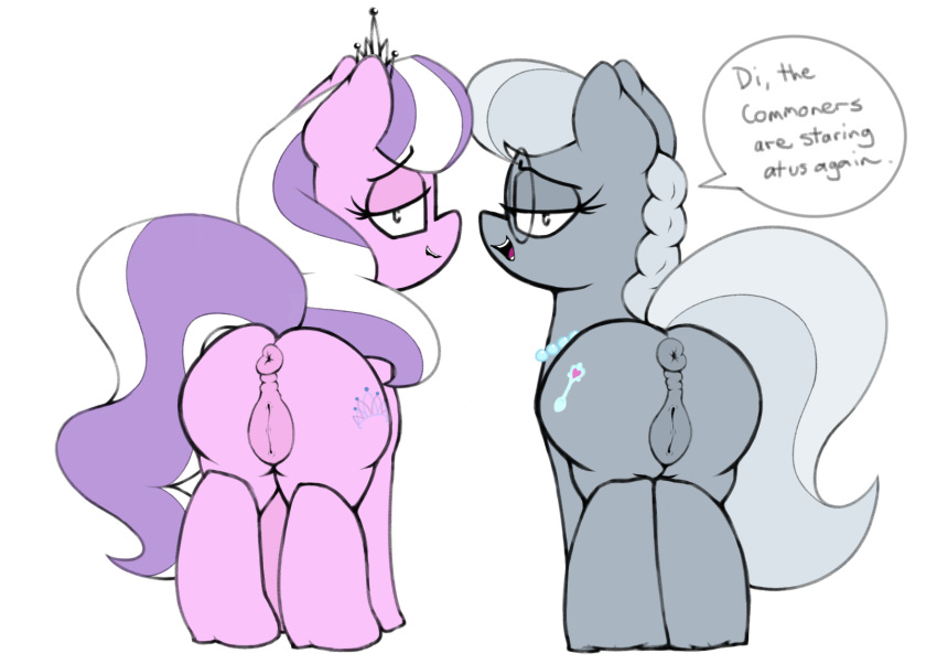 2018 anatomically_correct anatomically_correct_pussy animal_genitalia animal_pussy anus biting_lip butt cutie_mark dialogue diamond_tiara_(mlp) duo earth_pony english_text equine equine_pussy eyewear female feral friendship_is_magic glasses hair half-closed_eyes hi_res horse jewelry looking_at_viewer looking_back lyrabop mammal multicolored_hair my_little_pony necklace open_mouth pony puffy_anus pussy raised_tail rear_view silver_spoon_(mlp) simple_background smile take_your_pick teeth text tongue two_tone_hair white_background