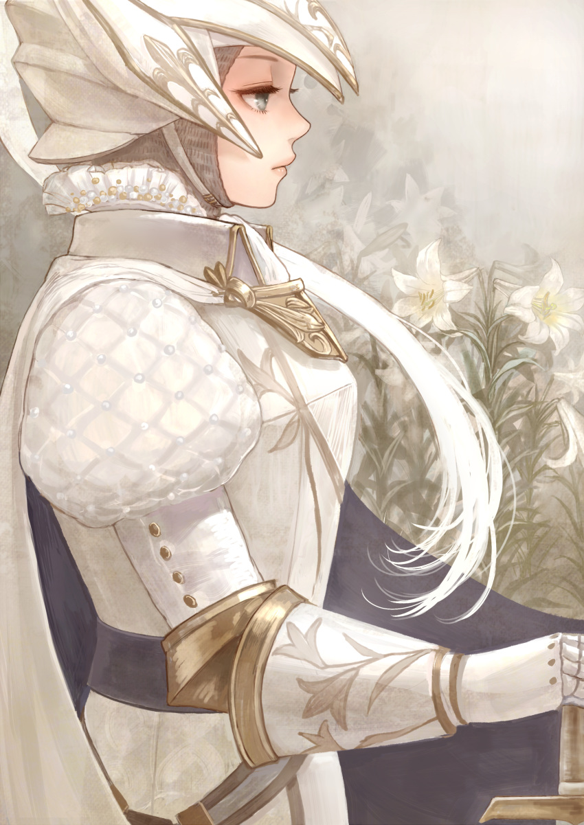 absurdres armor blue_eyes cape chainmail eyelashes flower full_armor gauntlets helmet highres holding holding_sword holding_weapon lily_(flower) long_hair original romiy solo sword weapon white_hair